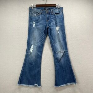 Flying Monkey Flare Jeans Women 26 Blue Distressed Y2K Raw Hem Denim Stretch